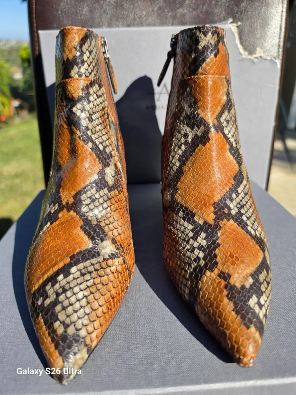 AQUATALIA Cognac Snake Print Leather Marilisa Kitten Heel Booties 7.5M w/ Box
